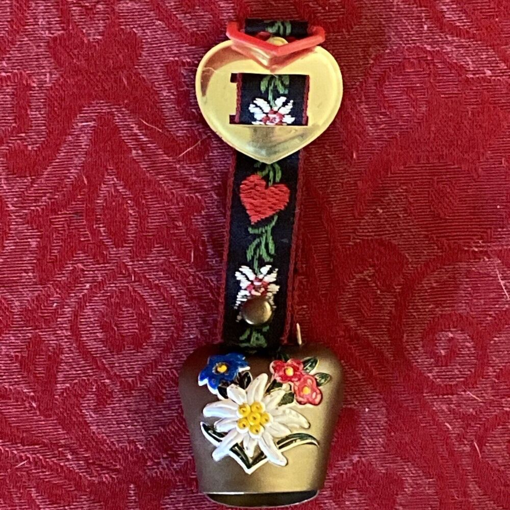 Vintage Swiss Brass Cow Bell Goat Sheep Hand Painted Flowers  Embroidered Strap